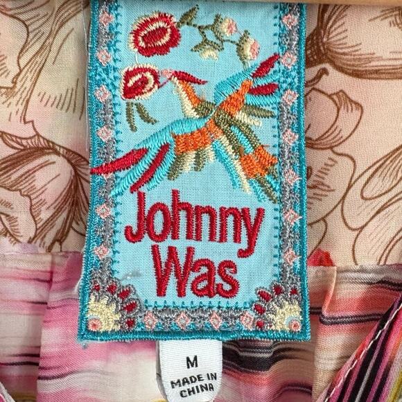 Johnny Was Fawn Beige Button Up Mixed Floral Boho Peasant Blouse Size M Tunic - Picture 6 of 13